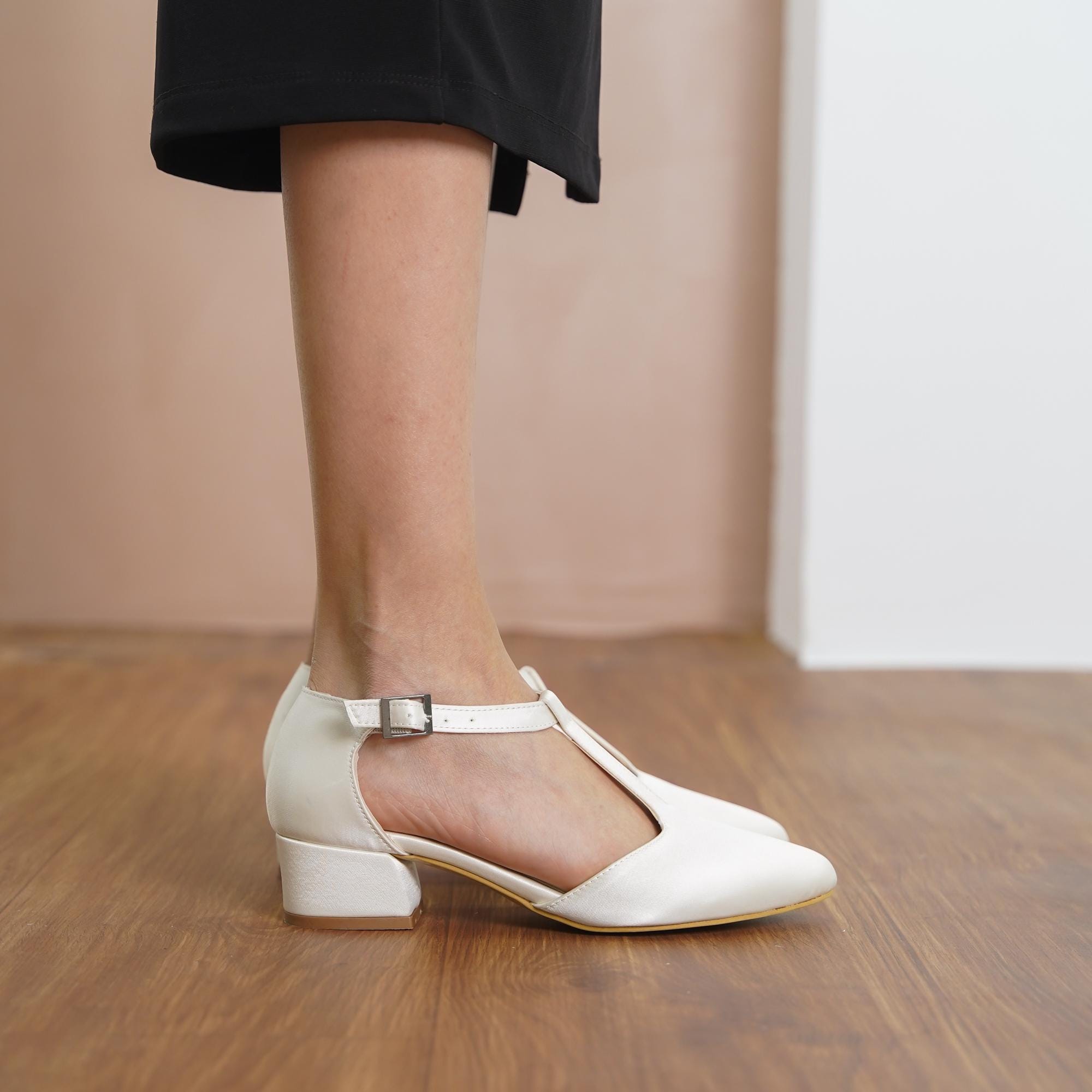 White Mary Jane Shoes, White Silky Satin T-straps Boho Low Block