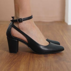 Black Wedding Heels, Vegan Leather Bridal Shoes with Medium High Block Heels, Classic Ankle Strap Bridesmaid Wedding Sandals, Gift for Her