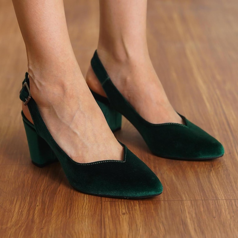 Front view of green silky velvet slingback block Hyl Wedding heels displaying the pointed toe and sophisticated design.