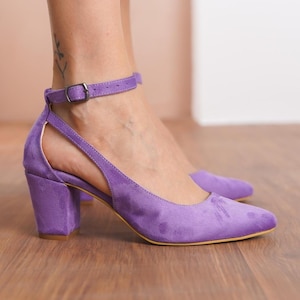 Lilac Wedding Heels, Vegan Suede Bridal Shoes with Medium High Block Heels, Purple Classic Ankle Strap Bridesmaid Wedding Sandals