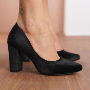 Black Bridal Heels, Silky Velvet Wedding Shoes, Elegant High Block Heels, Black Classical Designer Wedding Shoes, Party Wear Women Pumps