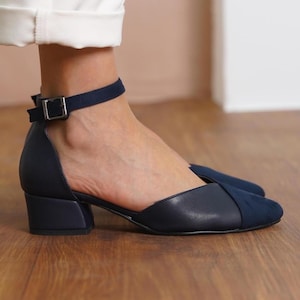 Navy Blue Wedding Shoes, Vegan Leather and Suede Short Wedding Shoes with Low Block Brial Heels, Ankle Straps Bridesmaid Women Sandals