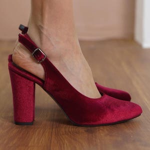 Burgundy Bridal Heels, Red Velvet Wedding Shoe, High Block Heel for Bride, Classic Women Closed Slingback Wedding Sandal, Vegan Gift for Her
