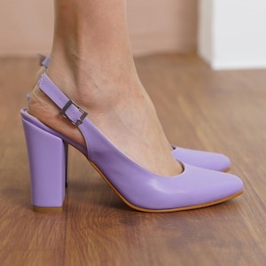 Lilac Bridal Heels, Vegan Leather Wedding Shoe, High Block Heel for Bride, Purple Classic Women Closed Slingback Wedding Sandals