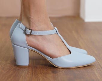 Baby Blue Mary Jane Shoes, Light Blue Vegan Leather T-Straps Wedding Medium High Heels, Bridal Low Heel Shoes, Women Vintage Wedding Sandals