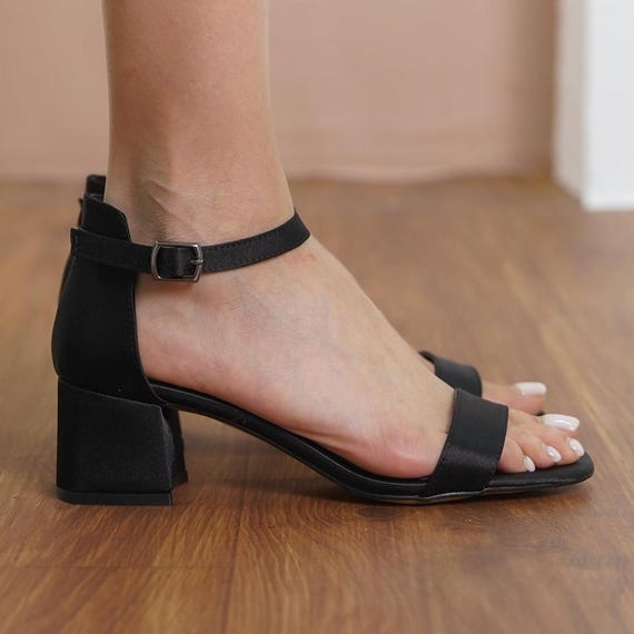 Black One Band Heels Silky Satin Open Toe Ankle Straps Short Wedding Evening Shoes Low Block Bridal Heels Single Strap Brides Wedding Shoe Etsy
