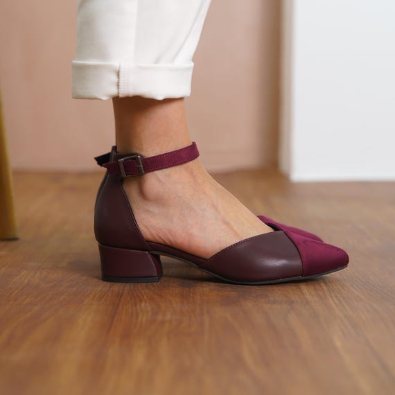 burgundy bridesmaid dress shoes Wedding Shoes, Maroon Vegan Leather and Suede Short Wedding with Low Block Brial Heels, Ankle Straps Women Sandals Place your feet on