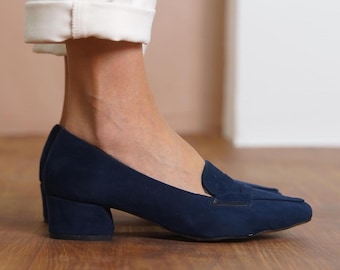Navy Blue Casual Loafer, Vegan Suede Office Shoe, Elegant Low Block Heel, Classical Designer Penny Loafer, Comfortable Women Flat Shoes