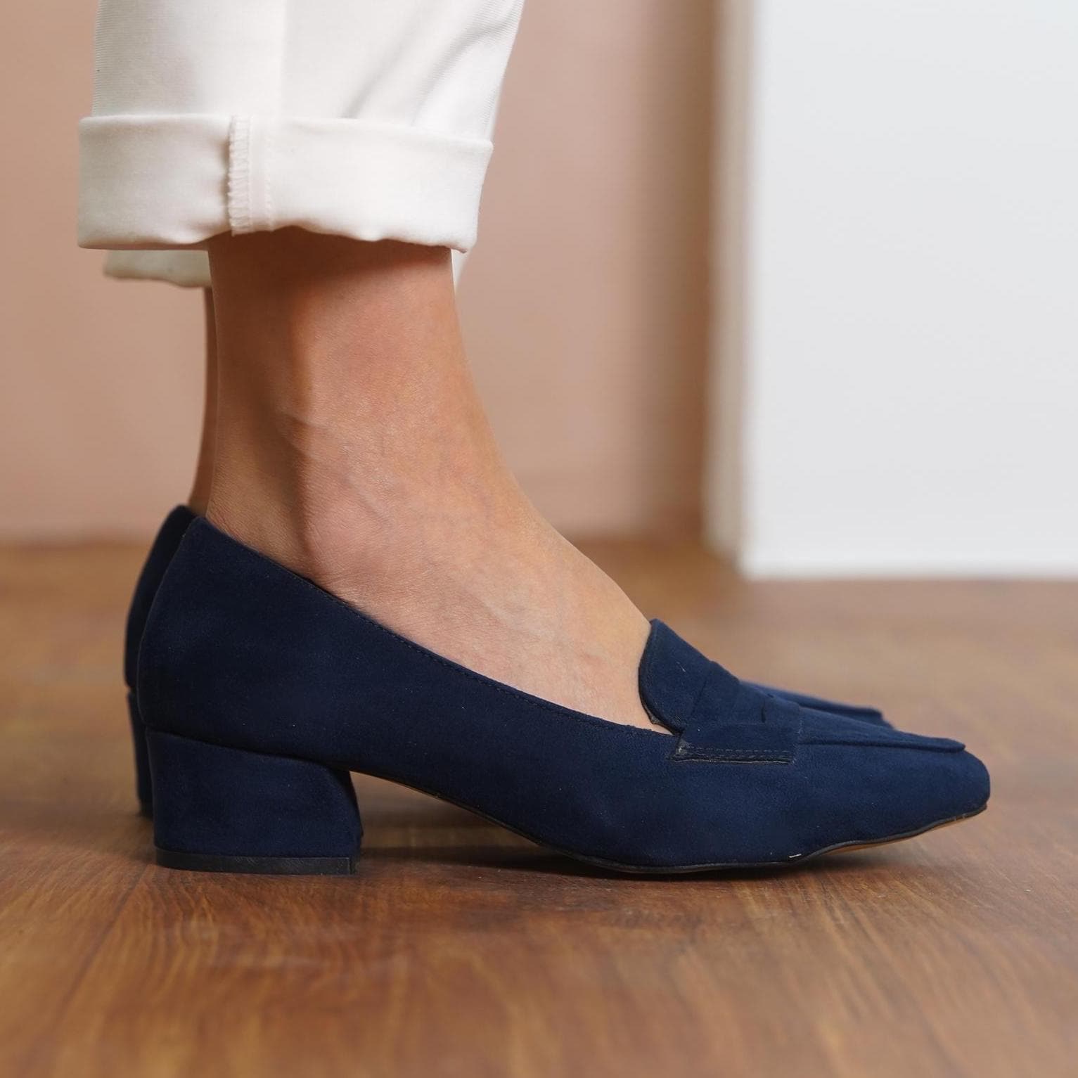 Aesthetic Dark Blue Suede Office Navy Heels Navy Blue Casual Loafer, Vegan  Suede Office Shoe, Elegant