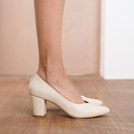 beige womens dress shoes Wedding Shoes, Vegan Leather Wedding Heels, Medium High Block Formal Bride Shoes, Classic Designer Sweetheart Pumps, Women made with genuine leather
