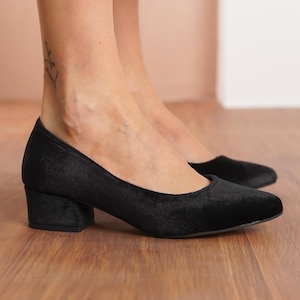 Black Bridal Heels, Black Silky Velvet Wedding Shoe, Elegant Low Block Heel, Classical Designer Short Wedding Shoe, Party Wear Women Pumps