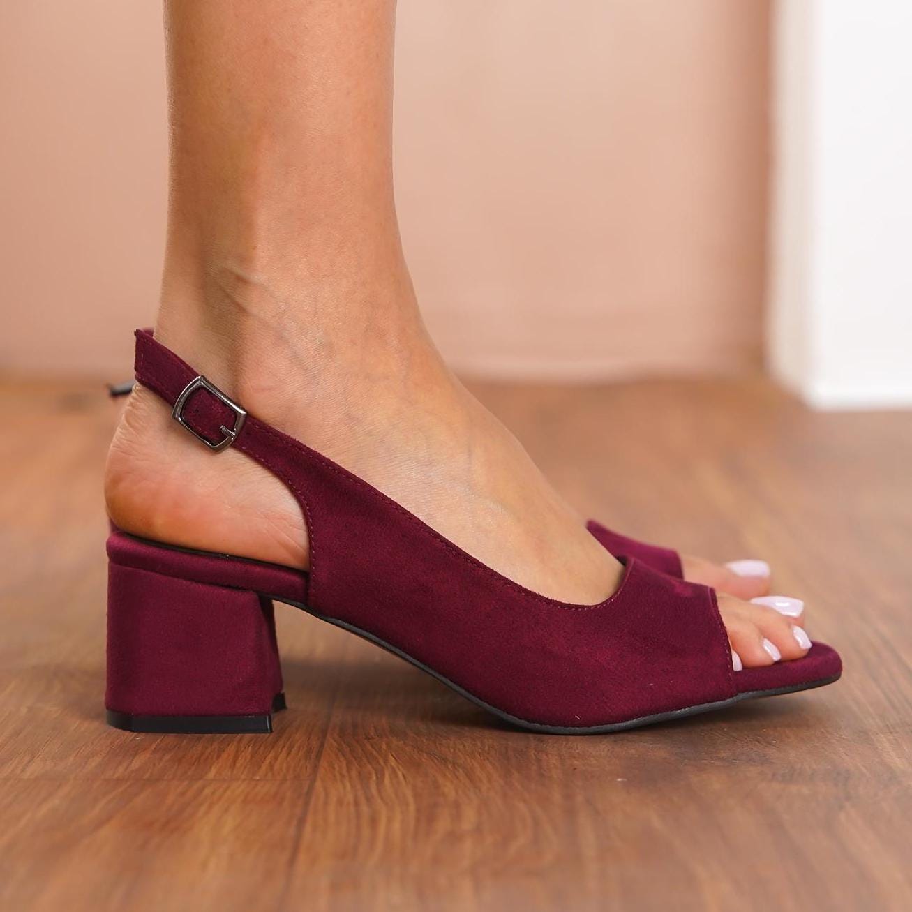 Burgundy Block Heel Open Toe