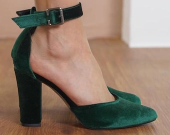 Green Ankle Strap Shoes, Emerald Silky Velvet Wedding Shoes with High Block Bridal Heels, Classic Lolita Brides Wedding Heels, Gift for Her