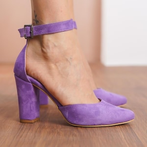 Lilac Ankle Strap Shoes, Vegan Suede Wedding Shoes with High Block Bridal Heels, Purple Classic Lolita Brides Wedding Heels, Gift for Her