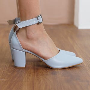 Light Blue Wedding Shoes, Vegan Leather Wedding Heels, Baby Blue Medium High Block Heel for Bride, Women Ankle Strap Closed Toe Wedding Pump
