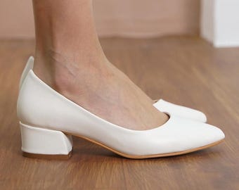 White Bridal Heels, Vegan Leather Wedding Shoes, Elegant Low Block