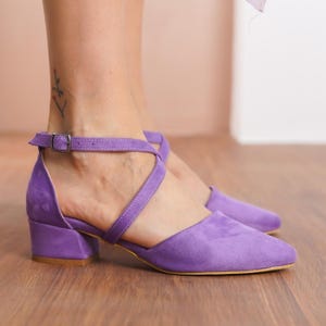 Purple Criss Cross Heels, Vegan Suede Closed Toe Ankle Strap Low Wedding Heel with Short Block Bridal Shoes, Lilac Brides Wedding Shoes