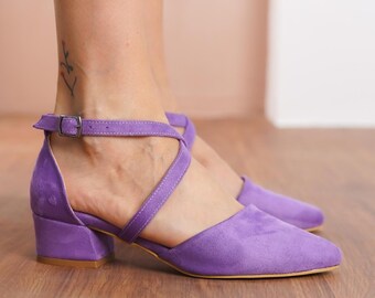Purple Criss Cross Heels, Vegan Suede Closed Toe Ankle Strap Low Wedding Heel with Short Block Bridal Shoes, Lilac Brides Wedding Shoes