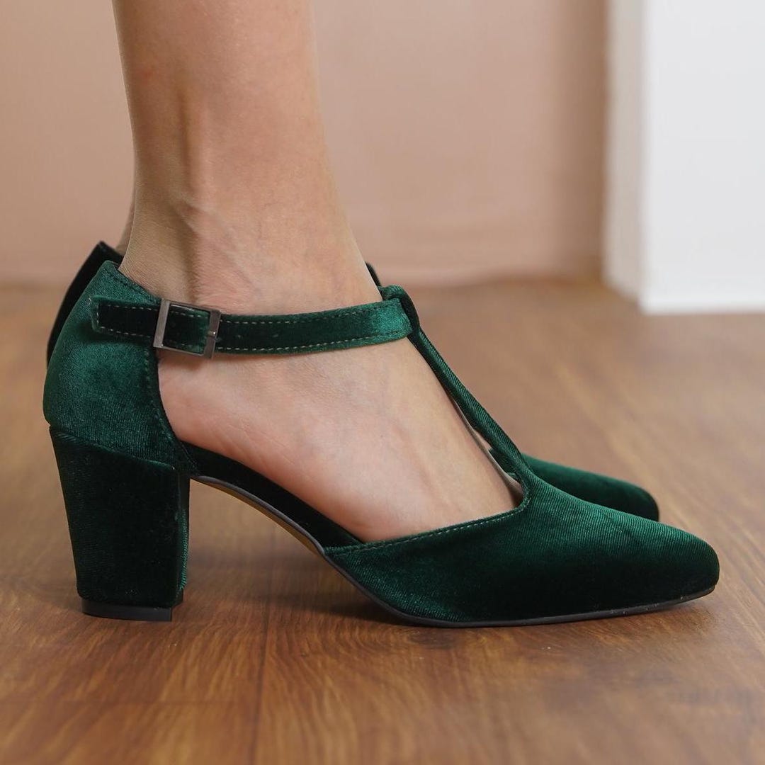 Green Mary Jane Shoes Emerald Silky Velvet T straps Boho Wedding Medium High Heels Bridal Low Heeled Shoes Women Vintage Wedding Sandals Etsy