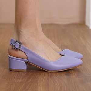 Lilac Bridal Shoes, Vegan Leather Wedding Heels, Low Block Heel for Bride, Purple Classic Women Slingback Wedding Flat Sandals, Gift for Her