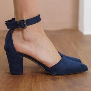 Dark Blue Wedding Shoes, Vegan Suede Wedding Heels, Medium High Block Heel for Brides, Navy Blue Ankle Straps Bridal Closed Toe Wedding Pump