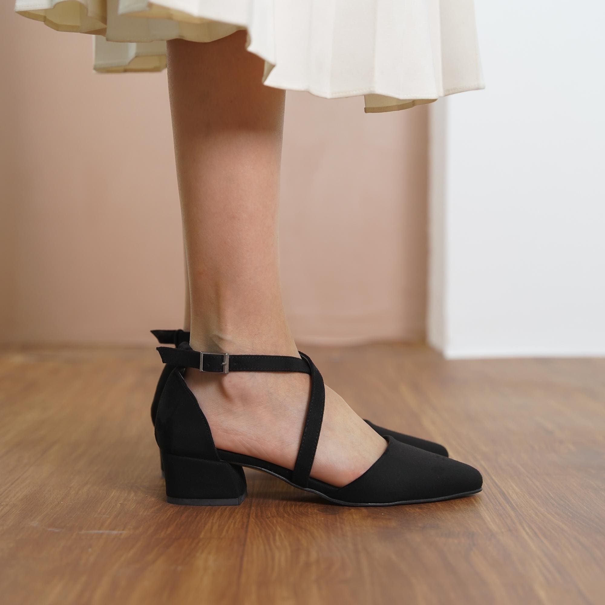 Black Criss Cross Heels, Vegan Suede Closed Toe Ankle Strap Low