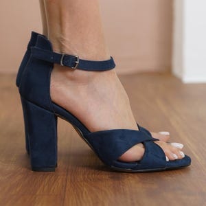 Navy Blue Criss Cross Shoes, Vegan Suede Open Toe Ankle Straps Wedding Shoe with High Block Bridal Heels, Dark Blue Brides Wedding Heels