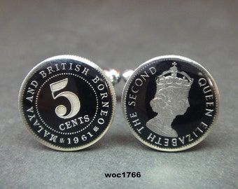 Malaya or British Borneo enamelled coin cufflinks one cent 20mm x 20mm 1939 1943 1945 1956 1958 British
