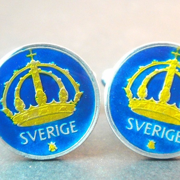 Sweden enamelled coin cufflinks   silver coin 25 ORE( 17mm) or 10 ORE (15mm.) 1943 1944 1945 1946 1948 1949 1950