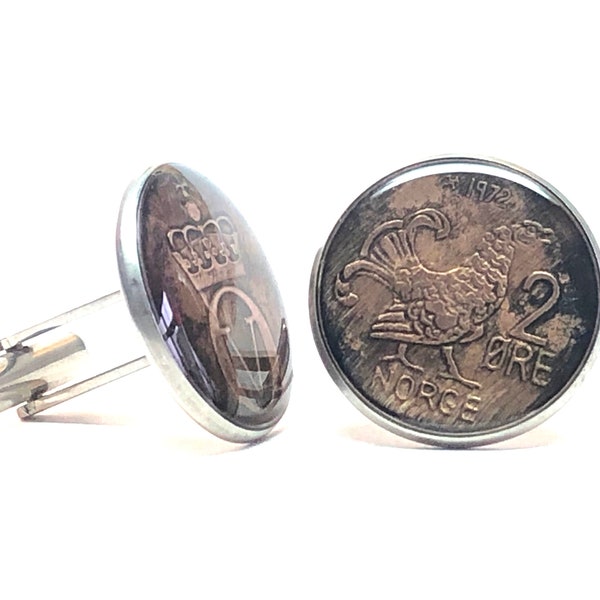 Norway coin cufflinks 2 ORE Moor Hen  lyrurus tetrix  20mm.   Black grouse (Lyrurus or Tetrao tetrix) 1970 1971 1972