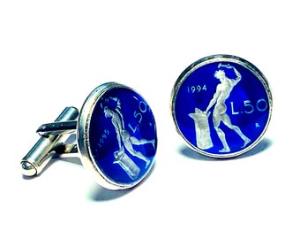 Italy coin cufflinks , 50 Lire ,  god Vulcan beating iron on an anvil , 18mm.