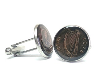 Ireland coin cufflinks 1/2 penny harp and stylized bird  1975  1978 1980 1982  16mm