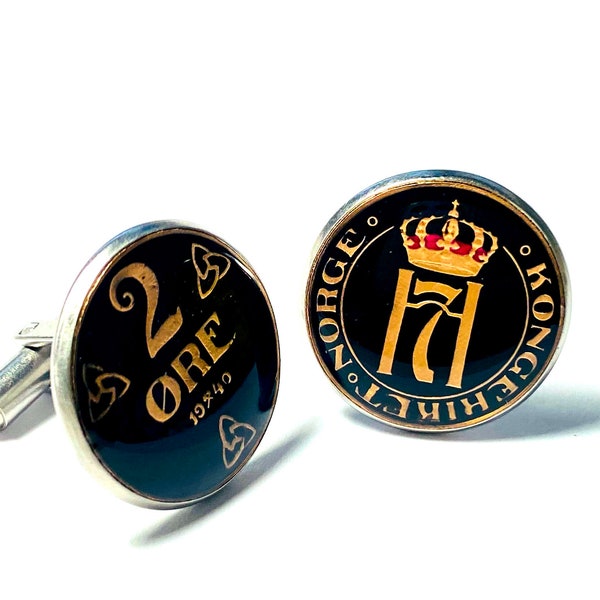 1940 Norway coin cufflinks , 2 Øre  , Crowned Haakon VII monogram , three ornamental roses , 20mm.