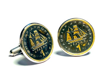 Greece coin cufflinks ,1 Drachma , A corvette, a boat of 1821,20mm. 1976 1978 1980 1982 1984 1986