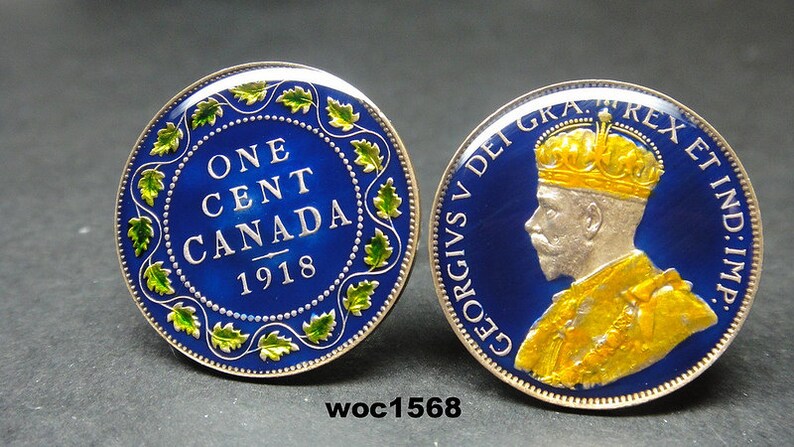 Canada British coin cufflinks George V old one cent 25mm 1911 1915 1918 1919 1920