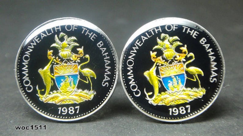Bahamas Island coin cufflinks 5 cents black blue 21mm 1966 1969 1970 1971 1973 1974 1975 1981 1984 1987 1998 2000 2004 2005