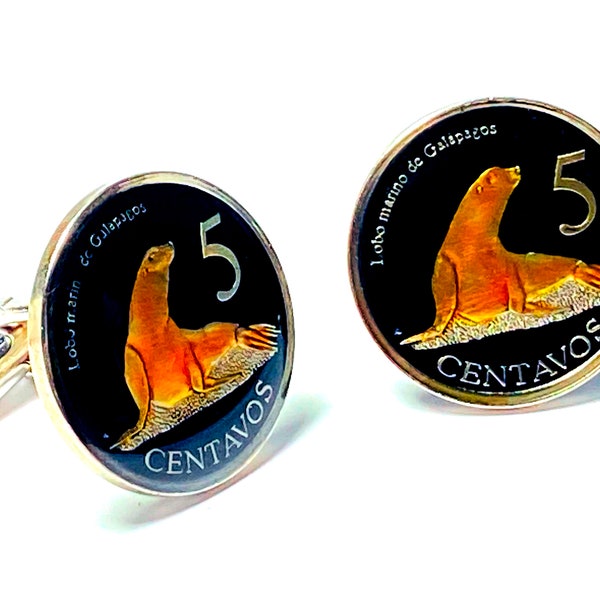 Galapagos Islands (Ecuador) Exonumia coin cufflinks   , 5 Centavos , sea lion , 24mm.