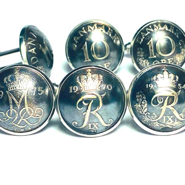 Domed Denmark coin cufflinks 10 Øre  16mm. 1988 -1949 1953 1954 1955 1956 1957 1958 1960 1961 1962 1964 1966 1967 1968 1969 1970 1971 1972