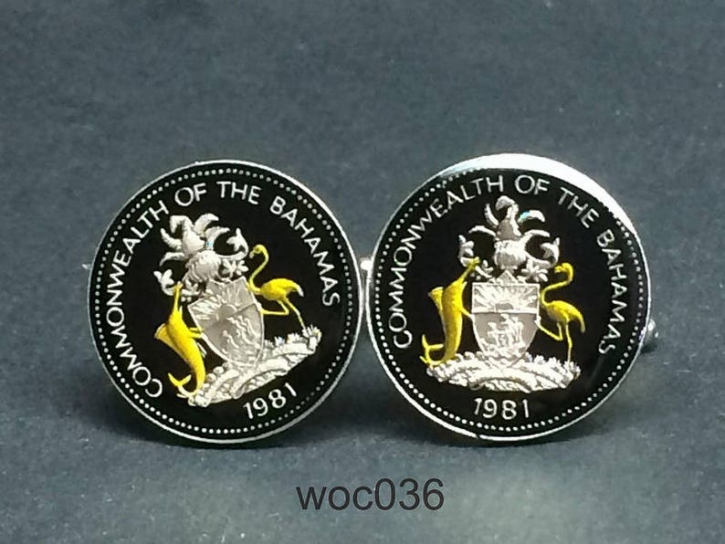 Bahamas Island coin cufflinks 5 cents black blue 21mm 1966 1969 1970 1971 1973 1974 1975 1981 1984 1987 1998 2000 2004 2005