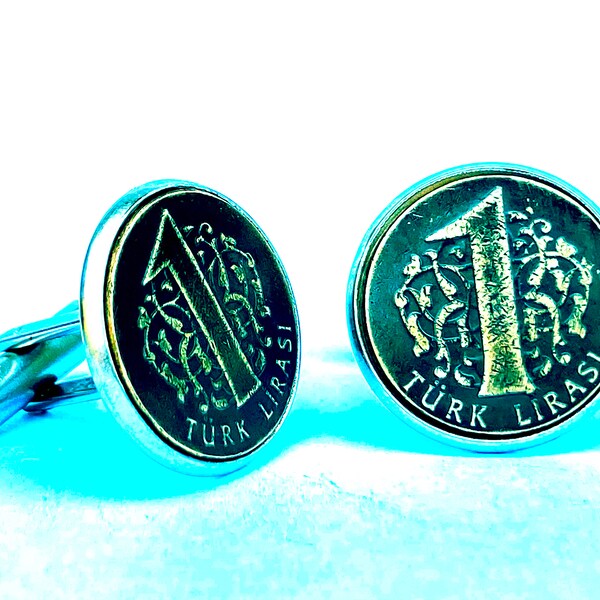 Turkey coin cufflinks , 1 Turkish Lira, Rumi Motif  , 18mm.