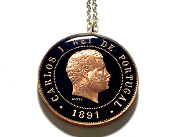 Pendant 1891 Portugal coin , 20 Réis - Carlos I , King of Portugal , 30mm.
