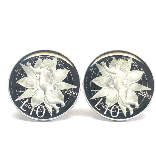 San Marino enamelled coin cufflinks , brooch, 10 lire lovely angel 23mm