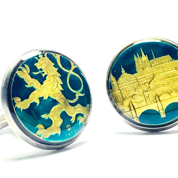 Czech Republic coin cufflinks  18mm. Crowned Czech lion, Karlův most (Charles Bridge), Saint Vitus's Cathedral , cut coin from 50 Korun,