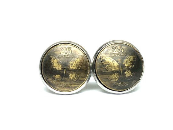 Philippines enamelled coin cufflinks butterfly 25 sentimos cuffs Philippines enamelled coin cufflinks butterfly 25 sentimos cuffs