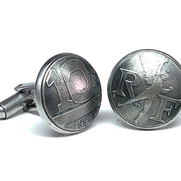 Domed France coin cufflinks ,cut coin from 10 franc    , 16mm.1988 1989 1990 1991 1992  boutons de manchette