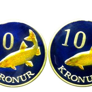 Faeroe Faroe Islands - denmaerk exonumia coin cufflinks , 10 Krónur , Twait Shad fish , 23mm.denmark