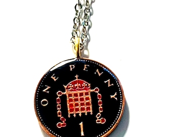 Pendant UK British enamelled coin One New Penny 20mm 1971 1973 1974 1975 1976 1977 1978 1979 1980 1981 1982 1983 1984 1985 1986 1987 1988