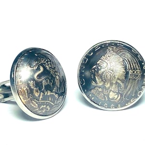 Domed Mexico coin cufflinks, 50 Centavos , The arms of Mexico , King Cuauhtemoc , 20mm.