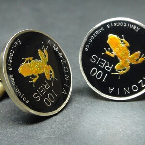 Amazonia Fantasy valuta manchetknopen, 100 Reis, Kikker, Kaart van Amazonia, 24mm.