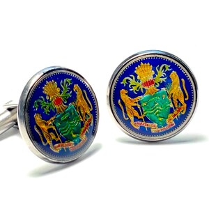 Manchetknopen met munt, 10 cent, Guyana wapenschild met schild, 18 mm.